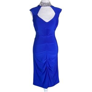 MARINA Blue Stretch Rhinestone Collar Jewel Neck Sheath Cocktail Dress size 6